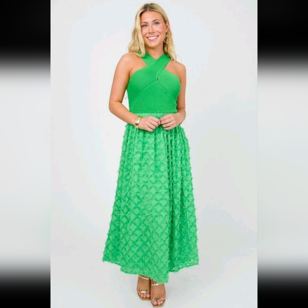 Current Air Crisscross Halter Ribbed Knit Texture Green Midi Dress Whimsicle Sm